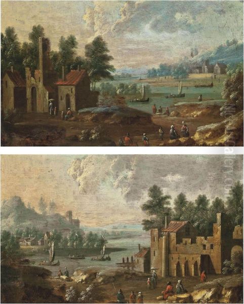 A Wooded River Landscape With Peasants On A Track And Fishing Vessels, Ruins Beyond; And A Wooded River Landscape With Peasants Before A Fortified City, Fishing Vessels, And A Village Beyond - view 1