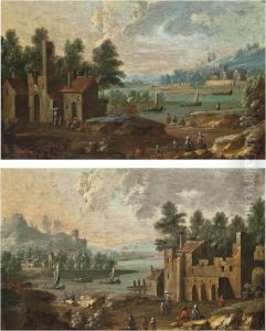 A Wooded River Landscape With Peasants On A Track And Fishing Vessels, Ruins Beyond; And A Wooded River Landscape With Peasants Before A Fortified City, Fishing Vessels, And A Village Beyond by Marc Baets