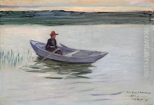 Woman In A Rowing Boat At Sunset - view 1