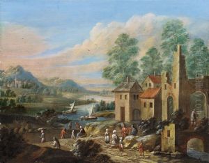 Flusslandschaft Mit Ruineund Landlicher Staffage