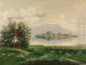 Blick Vom Ufer Auf Den Chiemsee Mit Der Fraueninsel Im Fruhling Blick Vom Ufer Auf Den Chiemsee Mit Der Fraueninsel Im Fruhling