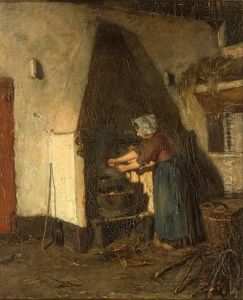 Hollanderin Hantiert Am Offenem Feuer Vor Altem Kamin