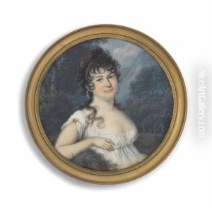 A Young Lady, Seated In A Woodland, In White Dress With Jewel At Her Sleeve, Tortoiseshell Comb In Her Dark Curling Hair