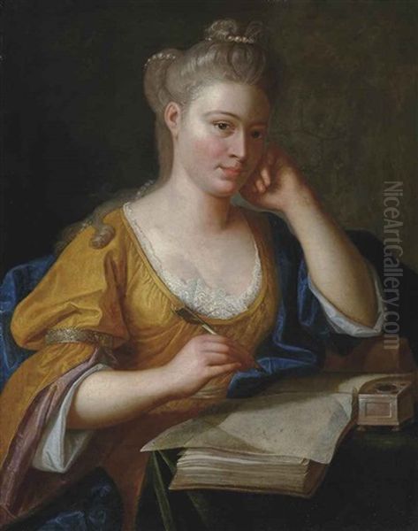 Portrait Of A Lady, Half-length, In A Yellow Dress And Blue Wrap, Seated At A Writing Table, A Quill In Her Right Hand - view 1
