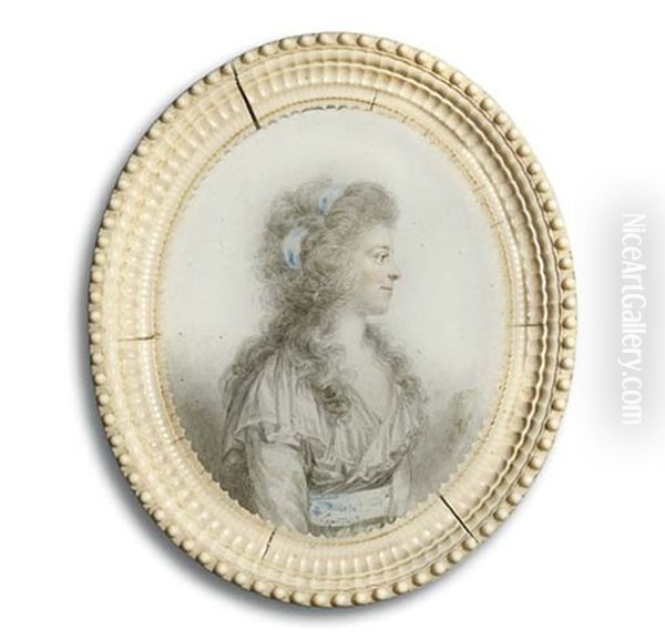 A Young Lady In Profile To The Right, In Dress With Deep Pleated Collar, Blue Sash And Blue Bandeau In Her Long Curling Hair - view 1
