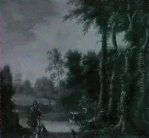 A Wooded Landscape With A Huntsman And Hounds On A Track