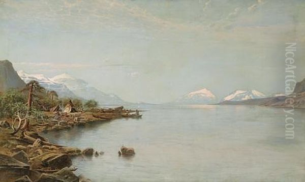 Indian Camp With Figures In A Boat On A Lakeshore - view 1
