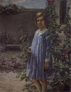 Courtyard With Hollyhocks