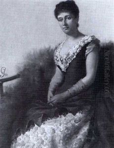 Portrait Of Mrs. F. Rey, In A Crimson Dress With A Lace Collar by Florence Graham