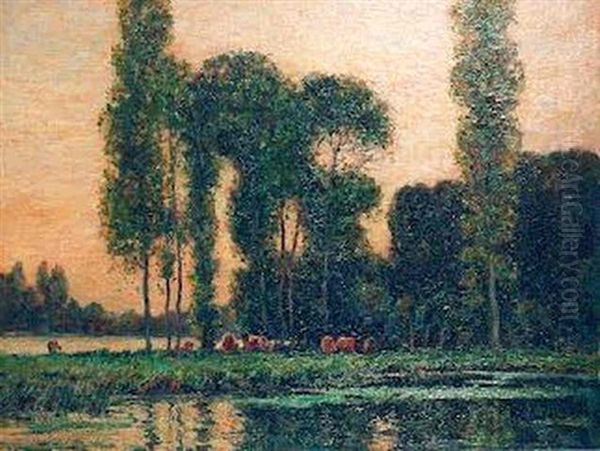 Wooded River Scene With Cattle - view 1