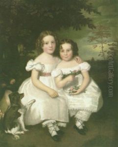 Sybilla Mackenzie Kirkland And Margaret Dorore (?) Kirkland In A Wooded Glade With Their Pet Dog by John (Gilbert) Graham
