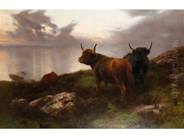 Highland Cattle In An Extensive Evening Moorland And Seascape - view 1