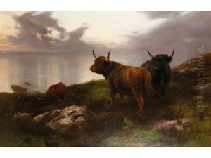 Highland Cattle In An Extensive Evening Moorland And Seascape by Peter Graham