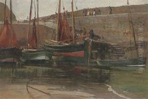 Fishing Boats In Harbour - Low Tide by James Barclay Grahame