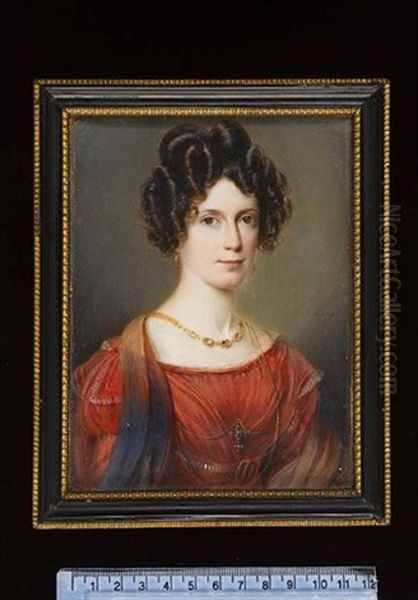 Portrait Of A Lady Wearing Red Dress With White Lace Trim And A Gold Strand Necklace (+ Portrait Of Gentleman With Black Coat, Matching Waistcoat And White Chemise; Pair) - view 1