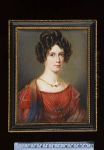 Portrait Of A Lady Wearing Red Dress With White Lace Trim And A Gold Strand Necklace (+ Portrait Of  Gentleman With Black Coat, Matching Waistcoat And White Chemise; Pair) by August Grahl