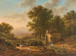 Hirten Und Wascherinnen Vor Einer Muhle In Einer Landschaft by Victor de Grailly