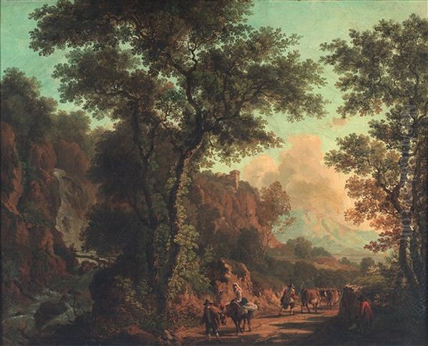 Landschaft Mit Wasserfall, Wanderndem Bauern U. Kl. Burg Auf Dem Berg - view 1