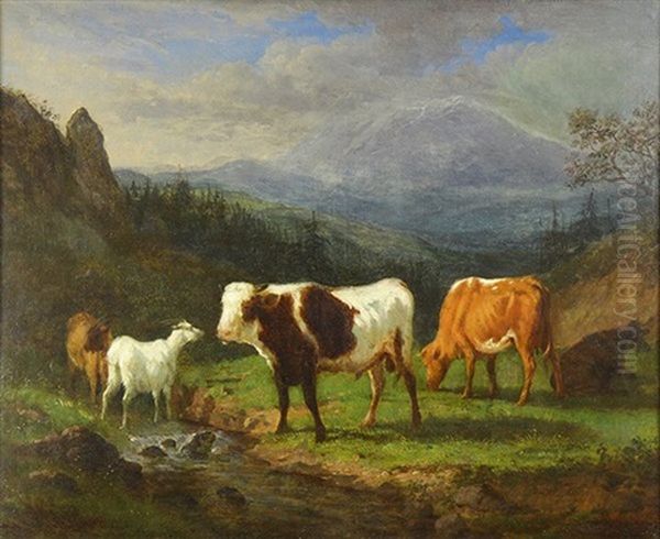 Cattle And Goats By A Stream - view 1