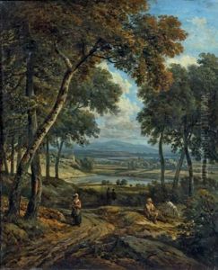 Paysage En Sous-bois Anime D'un Berger Et D'une Paysanne