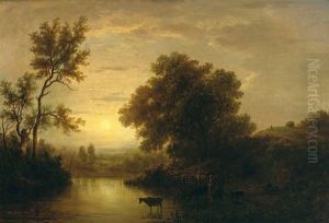 Abendliche Seenlandschaft Mit Kuhen An Der Tranke; Malerische Baumgruppe Im Gegenlicht by Victor de Grailly