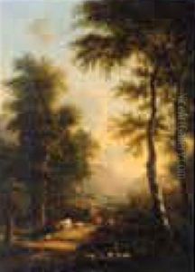 Travelers With Farm Animals On A Wooded Path by Victor de Grailly