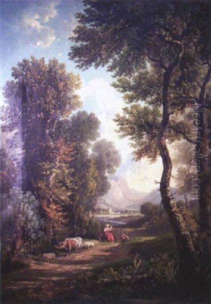 Landscape With Figures And Farm Animals On A Tree-lined Road, Buildings And Mountains In The Distance - view 1