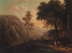 A Romantic Landscape With Figures And Cattle On A Path And A Waterfall Beyond by Victor de Grailly