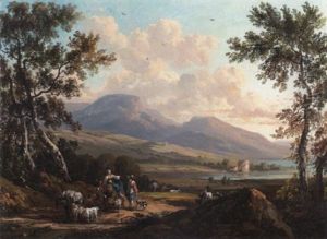 Peasants On A Country Road With A Lake And Hills Beyond by Victor de Grailly