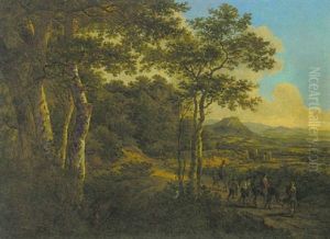 Waldlandschaft Mit Rehen Und Jagern Auf Dem Weg Vorn Rechts by Victor de Grailly
