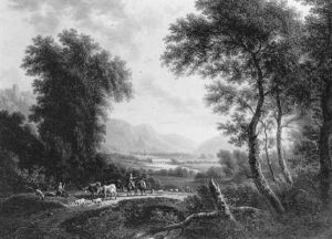Bergers Et Troupeau Franchissant Un Pont De Pierre Dans Une Campagne Boisee Et Accidentee by Victor de Grailly