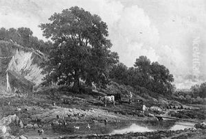 A Peasant Girl Herding Cattle Towards A Wooded Pond With Ducks, A Farmshed Beyond by Victor de Grailly