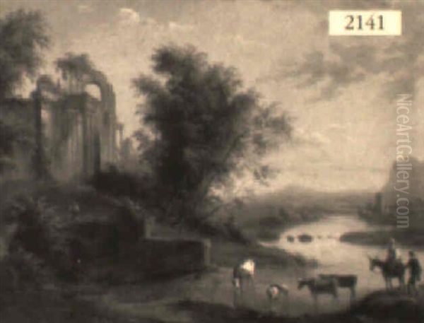 Romantic Landscape With River, Figures, Cows And Ruins - view 1