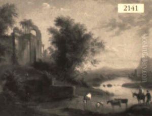 Romantic Landscape With River, Figures, Cows And Ruins by Victor de Grailly