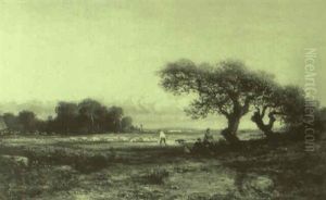 Shepherd And Sheep With Figures Resting By A Pool by Victor de Grailly