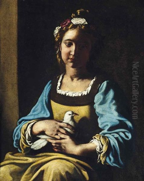 Portrait Of A Girl, Half-length, In A Green Dress With Blue Sleeves And A Garland Of Flowers In Her Hair, Holding A Dove In Her Lap - view 1