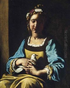 Portrait Of A Girl, Half-length, In A Green Dress With Blue Sleeves And A Garland Of Flowers In Her Hair, Holding A Dove In Her Lap