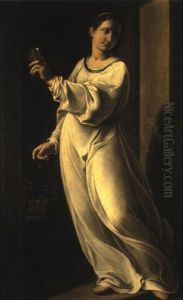 Figura Femminile Stante Con Piccolo Libro E Uccelino