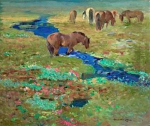 Horses By A Stream In The Meadow by Halfdan Gran