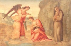 An Angel Baptizing Saint Apollonia And A Monk, Possibly     Saint Leonine, In Prayer In A Landscape