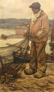 Pecheur Au Filet Sur Le Quai by Achille Granchi-Taylor