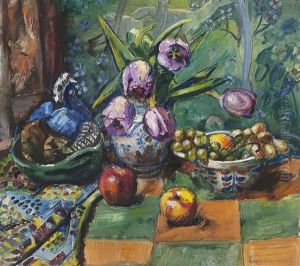 Oppstilling Med Tulipaner Og Frukt