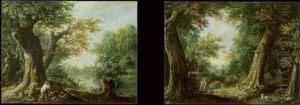 Zwei Bewaldete Landschaften Mit Einem Holzfaller Bzw. Reisigsammler. by Johann Daniel Bager