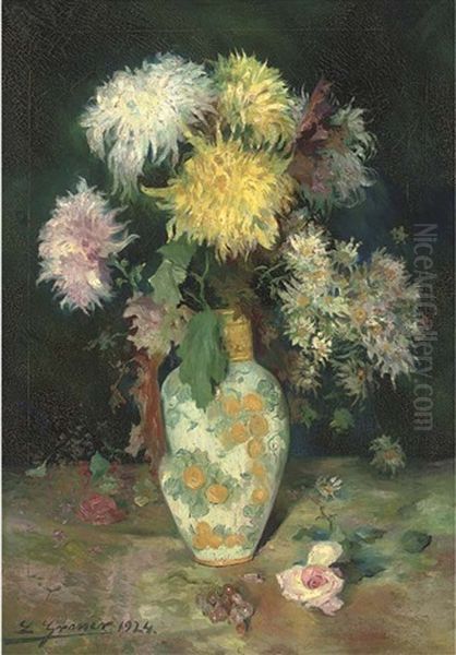 Chrysanthemums And Daisies In A Ceramic Vase - view 1