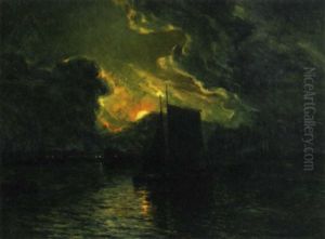 A Port Scene At Sunset With A Fishing Boat In The Foreground by Luis Graner y Arrufi