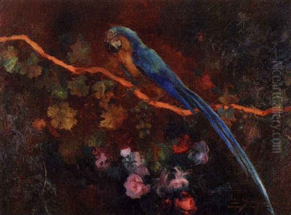 Parrot On A Grapevine In A Floral Landscape - view 1