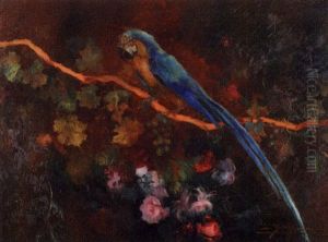 Parrot On A Grapevine In A Floral Landscape by Luis Graner y Arrufi
