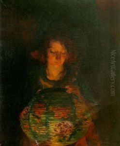 A Girl Holding A Chinese Lantern by Luis Graner y Arrufi