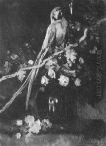 Parrot Seated On A Branch With A Vase Of Flowers Below