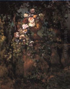 Flowers In An Urn On A Balustrade In A Landscape